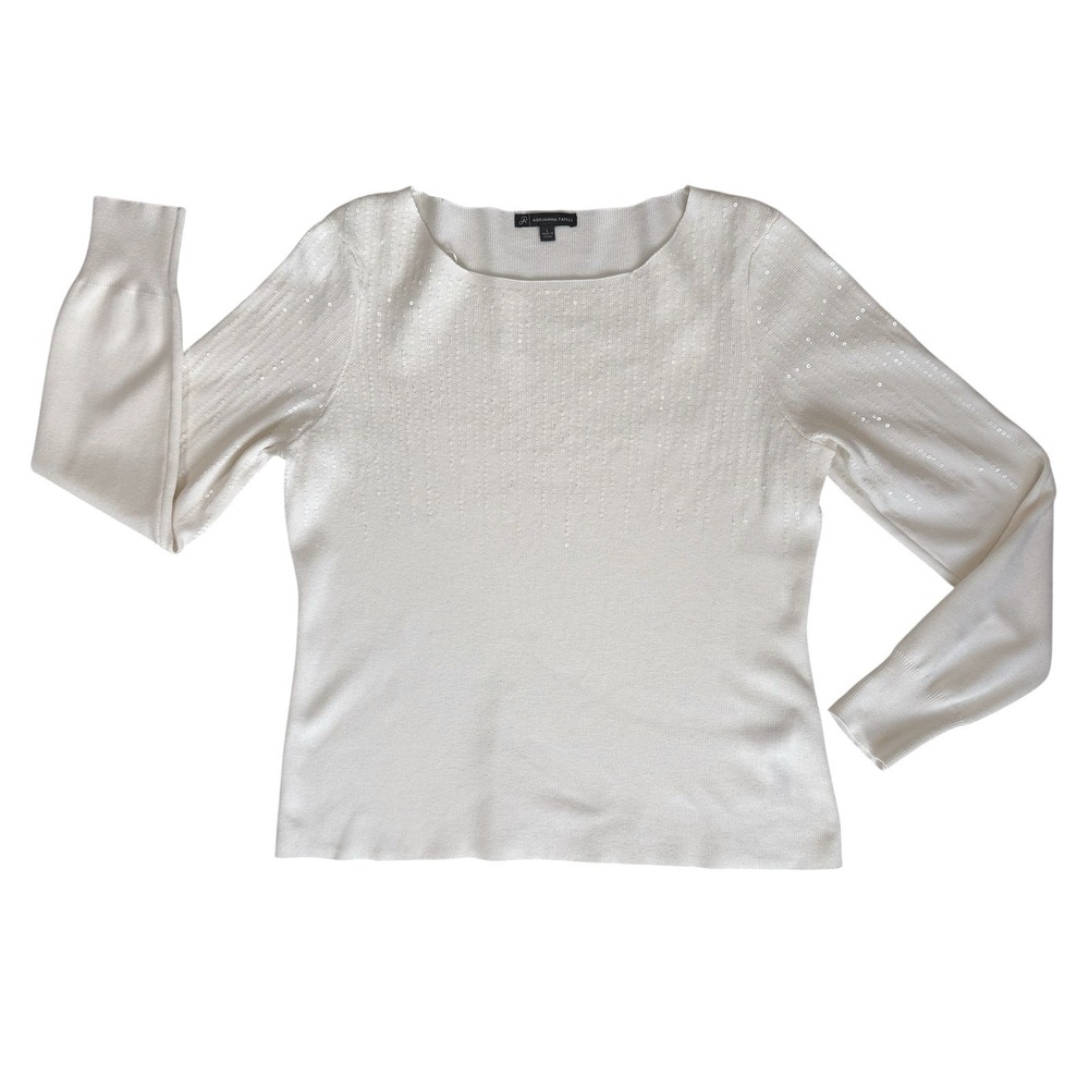 Adrianna Papell Womens Sequin Sweater Large Ivory Boat Neck Quiet Luxury Glam - Picture 2 of 11